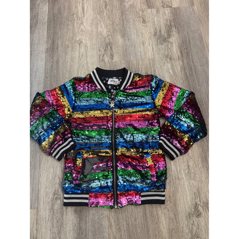 Lola + The Boys Kids Rainbow Sequin Bomber Jacket Star Lining Multicolor Size 6